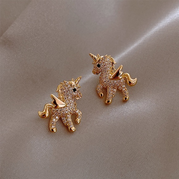 Gold Unicorn Stud Earrings for Women - Picture 2 of 4